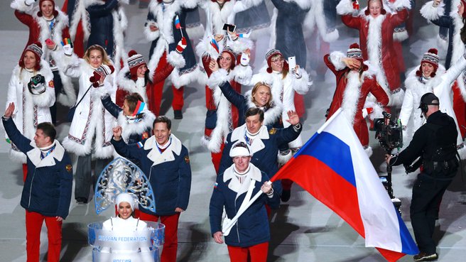 The Russian national team during the parade of athletes and national delegations at the opening ceremony of the Sochi Olympic Winter Games