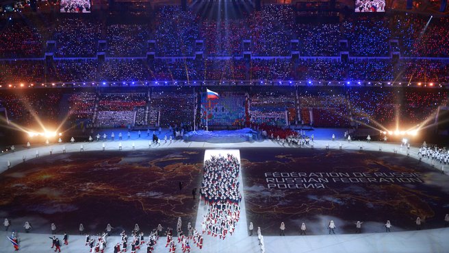 The Russian national team during the parade of athletes and national delegations at the opening ceremony of the Sochi Olympic Winter Games