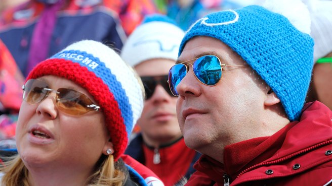 Dmitry Medvedev and President of the Russian Alpine Skiing and Snowboarding Federation Svetlana Gladysheva