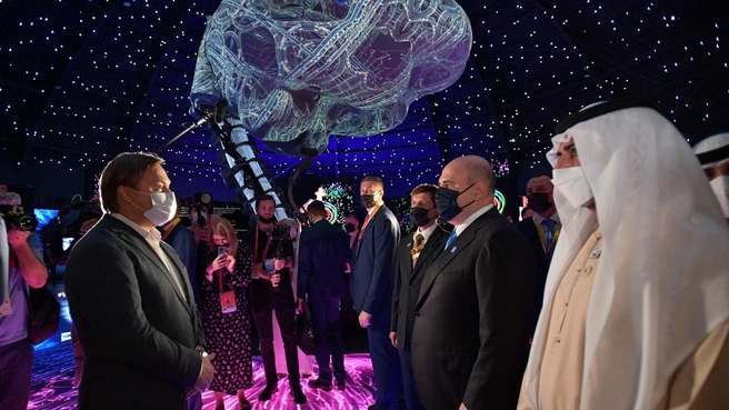 Mikhail Mishustin and Sheikh Nahyan bin Mubarak Al Nahyan, Minister of Tolerance and Coexistence and Commissioner General of Expo 2020 Dubai, on a tour of the Russia Pavilion at the World Expo 2020 in Dubai