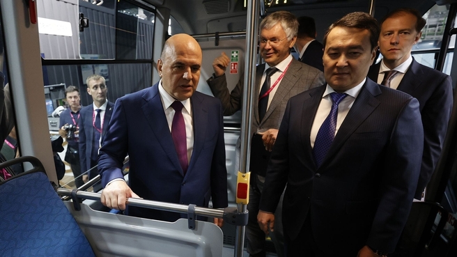 Mikhail Mishustin and Prime Minister of Kazakhstan Alikhan Smailov tour INNOPROM 2022
