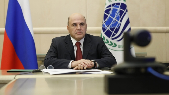 Mikhail Mishustin speaking at a meeting of the SCO Heads of Government Council