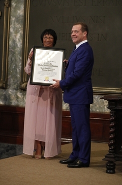 Award ceremony: Dmitry Medvedev receives the title, Honourary Doctor of Political Sciences of the University of Havana. With university Rector Miriam Nicado Garcia