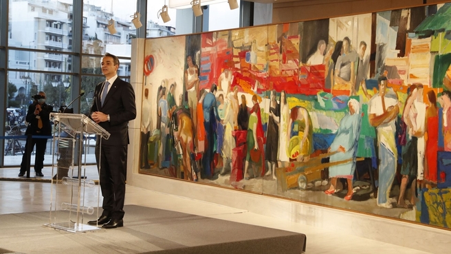 Выступление Премьер-Министра Греции Кириакоса Мицотакиса на церемонии открытия после реконструкции Национальной картинной галереи в Афинах