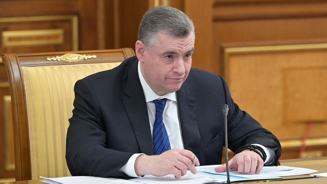 Mikhail Mishustin meets with LDPR party deputies at the State Duma. Head of the LDPR party, Chairman of the State Duma Committee on International Affairs Leonid Slutsky
